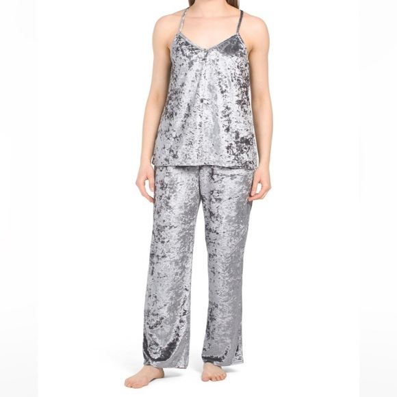 Josie Natori New Size M and L Crushed Velvet Tank Pant Pajama Set Granite Gray - Picture 1 of 6